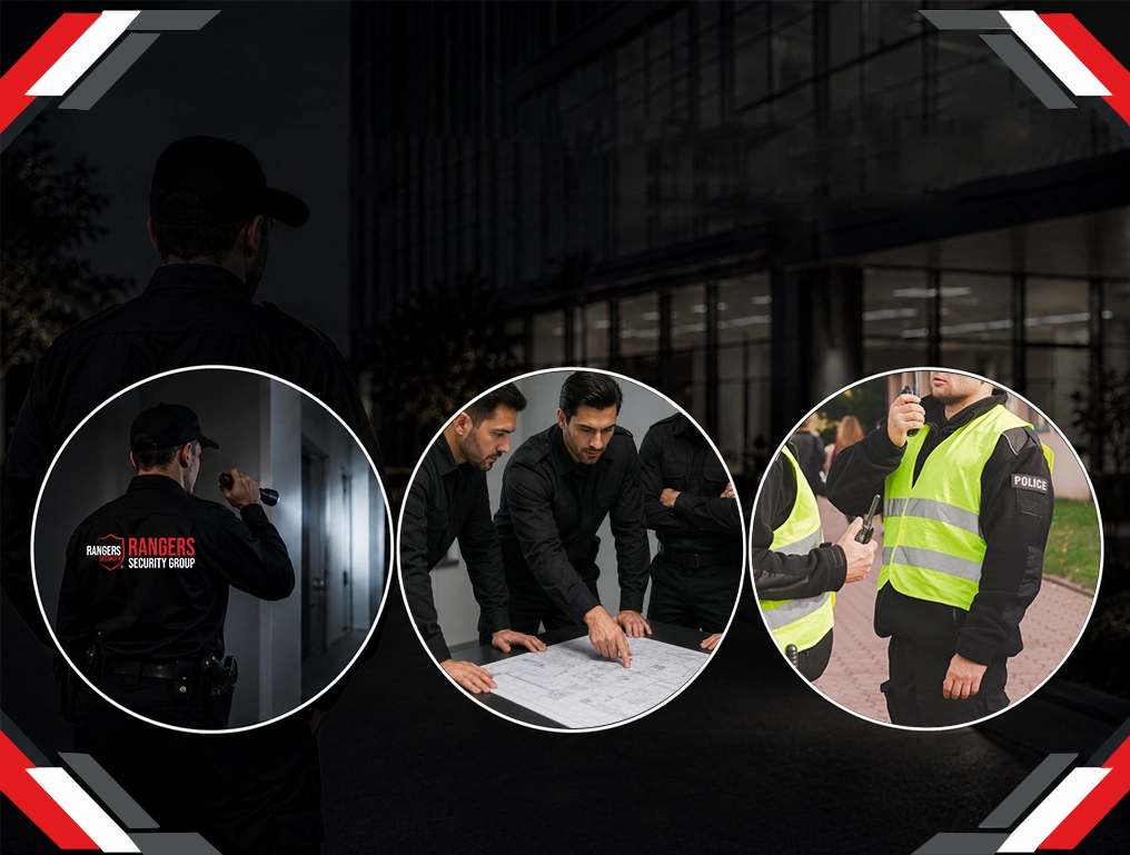 Security guards actively performing duties on-site, representing Rangers Security Group’s ongoing execution of tailored security plans with professional vigilance