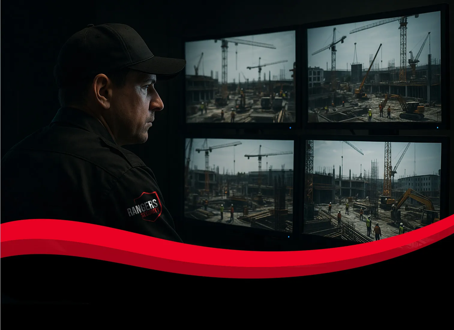 Rangers security group’s expert monitors a construction site by watching live screens to ensure protection and prevent theft.