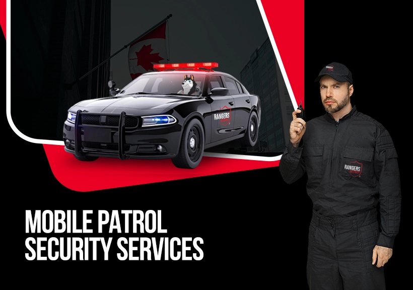 Mobile patrol security guard in uniform, using a wireless device to communicate with the team and  providing proactive on-site mobile security services.