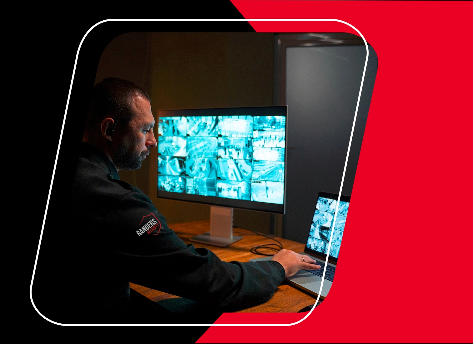 real-time surveillance setup with multiple security camera feeds monitored by rangers security group expert and mascot showcasing 24/7 live video surveillance