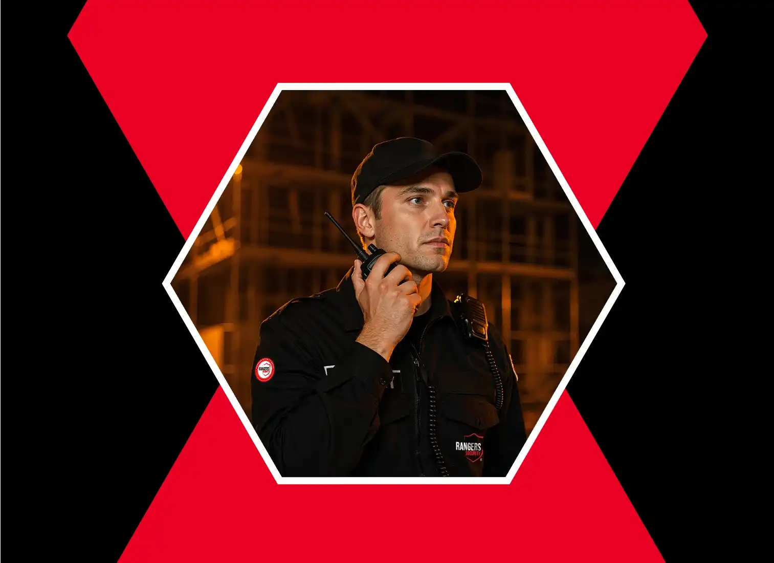 Professional security expert from Rangers Security Group using a walkie-talkie to handle diverse security challenges in New Brunswick