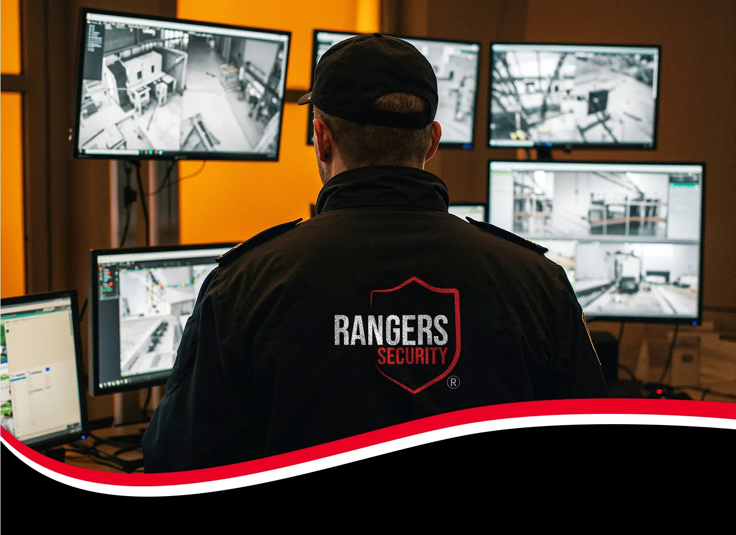 Security Professional operator watching live camera feeds, highlighting smart monitoring solutions for property safety.
